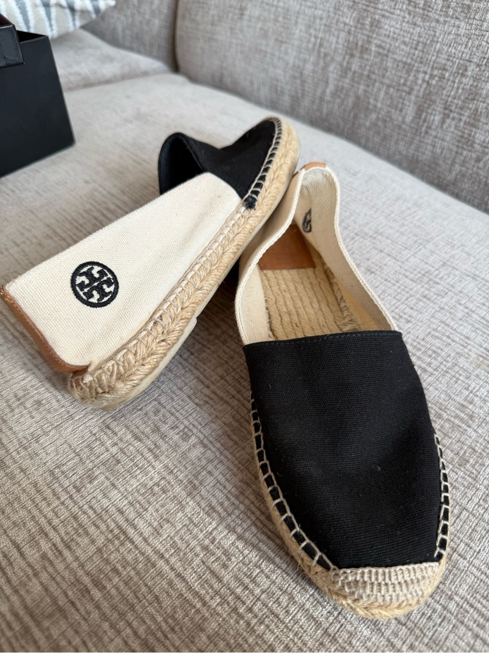 Tory Burch Black & Cream Canvas Espadrille Slip-On